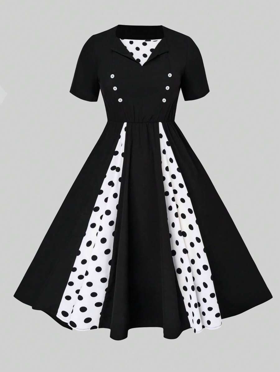 SHEIN Clasi Plus Polka Dot Print Flare Hem Dress - Black and White - View 1