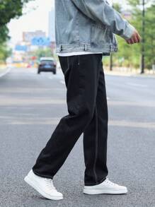 Manfinity Hypemode Nam Nghiêng Túi Chân Thẳng Quần Jean Baggy Dài Rửa Sạch Jean Tối Hàng Hóa Đen Trơn Làm Việc Phong Cách Doanh Nhân Chồng - màu đen - Xem 4