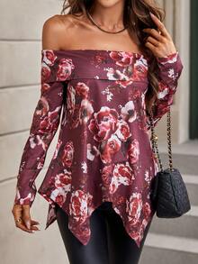 SHEIN Clasi In hoa Off Shoulder Viền không đối xứng Áo thun - Nhiều màu - Xem 4