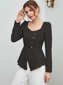 Modelyn 雞心領口紐扣細節不對稱下擺襯衫 - 黑色 - 查看 5