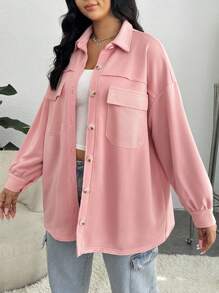 SHEIN Qutie Plus Flap Pocket Drop Shoulder Coat - Baby Pink - View 3