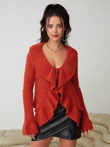 SHEIN Privé Viền Ruffle Tay áo loe Nút phía trước Áo len Mở - Rỉ Nâu - Xem 5