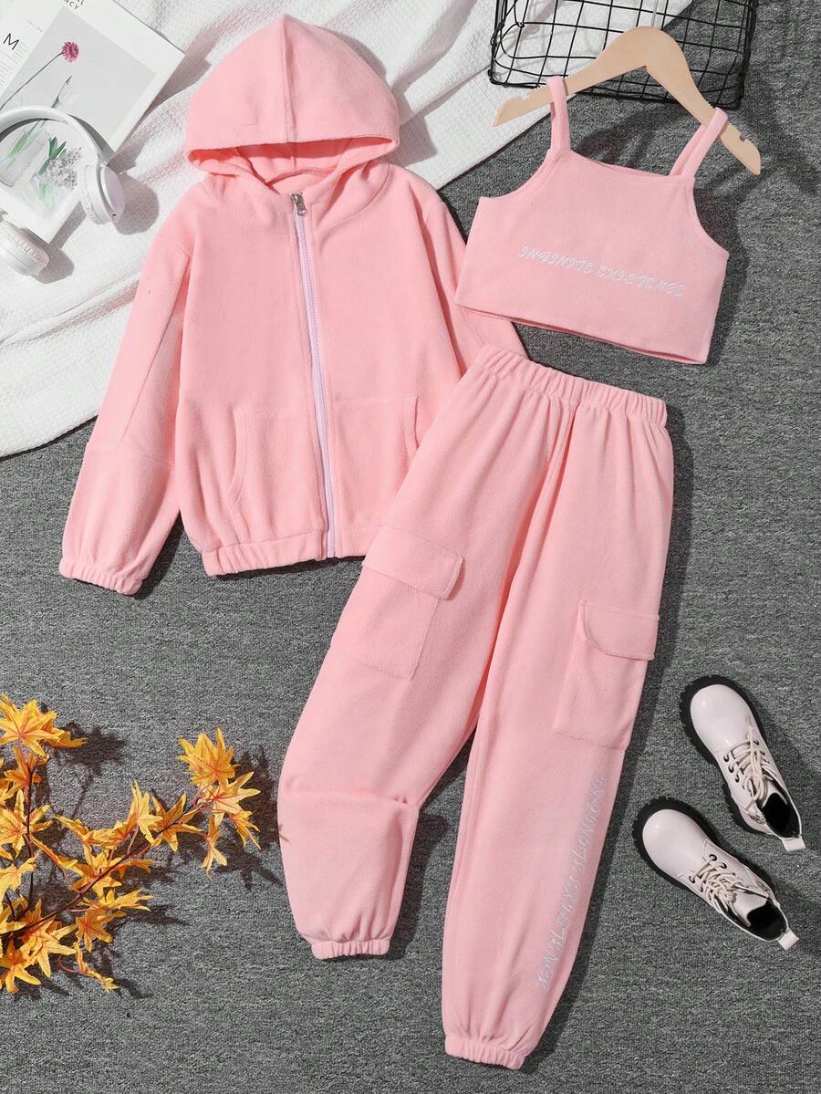 SHEIN 女大童字母刺繡吊帶上衣&翻蓋口袋長褲&連帽衛衣 - 粉色 - 查看 1
