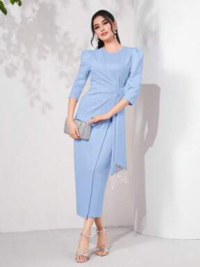 Modelyn Puff Sleeve Draped Side Wrap Hem Dress Long Evening Dresses