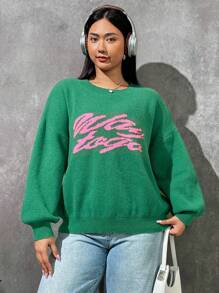 SHEIN EZwear 大碼字母圖案落肩袖套頭毛衣 - 綠色 - 查看 6