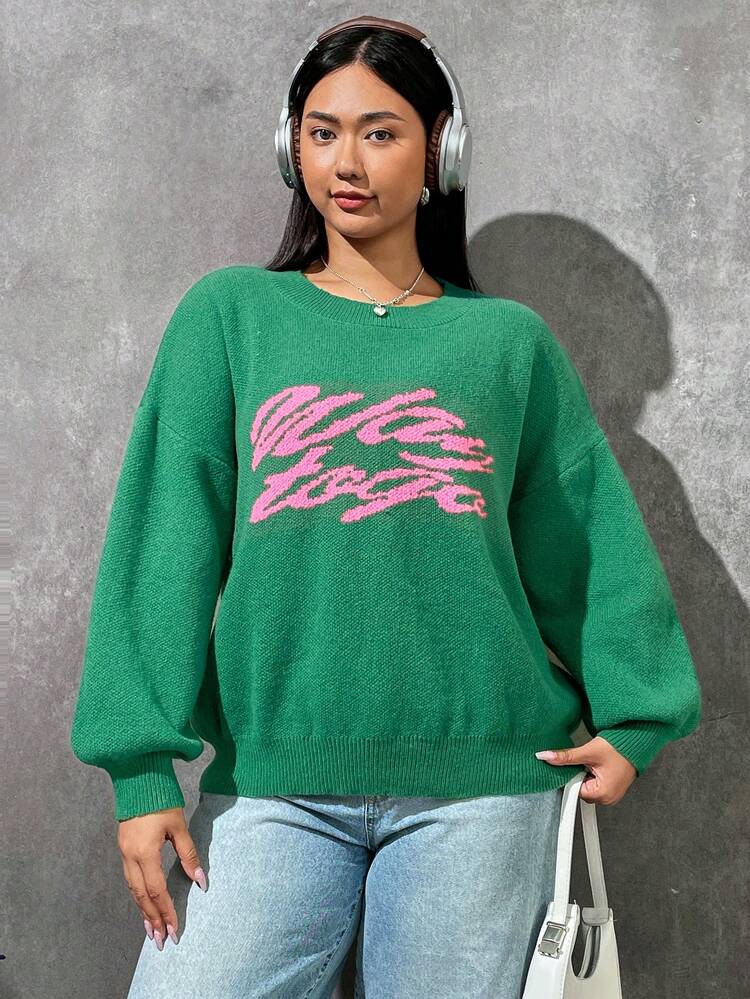 Plus Letter Pattern Drop Shoulder Sweater
