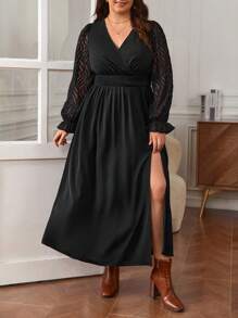 SHEIN Frenchy Plus Contrast Mesh Flounce Sleeve Split Thigh Dress - Black - View 6