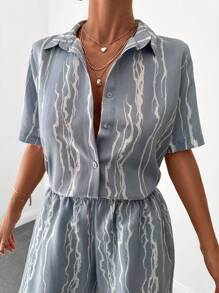 RueChic Graphic Print Shirt & Shorts - Grey - View 5