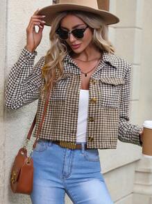 SHEIN LUNE Cazadora crop con estampado de pata de gallo con bolsillo con solapa - Café integral - Ver 3