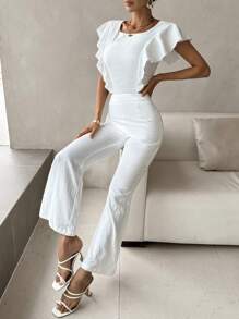 SHEIN Privé Mono unicolor ribete con fruncido pierna amplia - Blanco - Ver 2