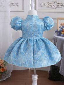 女嬰提花泡泡袖旗袍領派對禮服