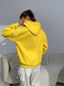 SHEIN EZwear In Trái tim Túi kangaroo Thả vai Dây rút Hoodie - Màu vàng - Xem 2