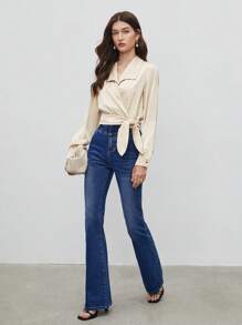 BizChic 素色側打結圍裹女士襯衫 - 卡其色 - 查看 7