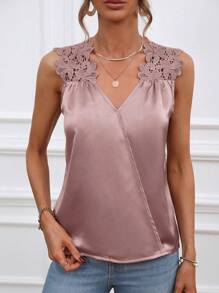 SHEIN Clasi Bảng điều khiển ren Guipure Xa ten Áo sơ mi - Bụi hồng - Xem 4