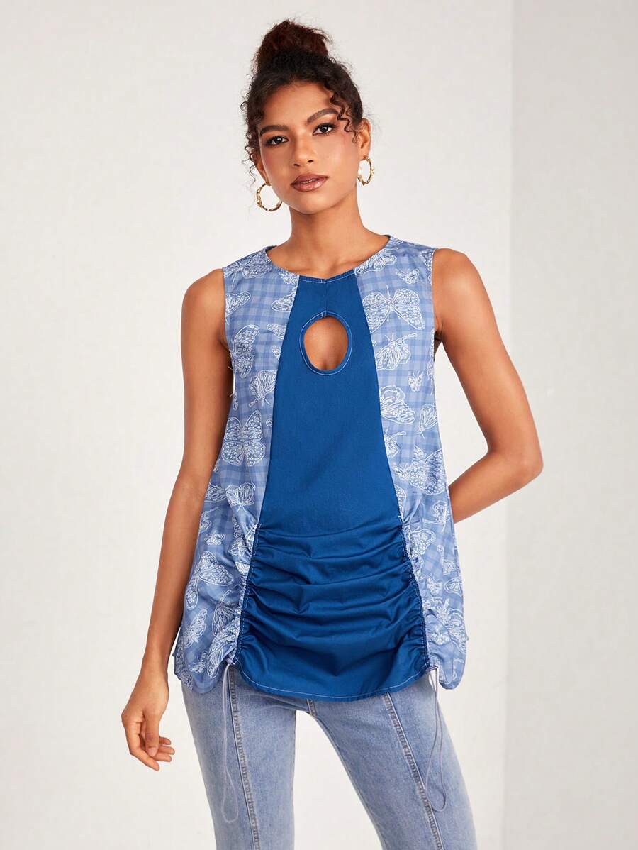 YONGYI 设计师波西米亚风蝴蝶和格子印花镂空褶皱前衬衫，适合夏季、假日、度假、春季、海滩、节日、伊比沙岛