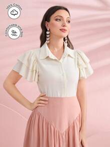 Mulvari Camisa de manga mariposa con botón delantero - Albaricoque - Ver 1