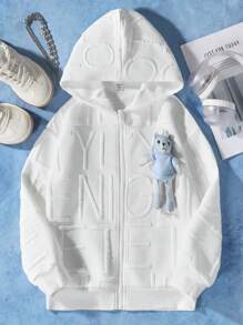 SHEIN Tween Girl Bear Decor Zip Up Hooded Sweatshirt - White - View 1