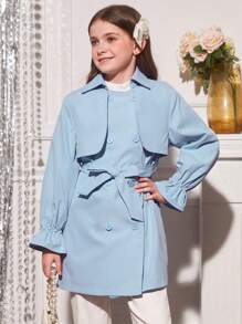 SHEIN Tween Girl 1pc Double Breasted Belted Trench Coat - Baby Blue - View 1