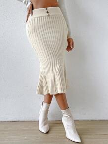 SHEIN Privé Button Detail Mermaid Hem Knit Skirt - Apricot - View 6