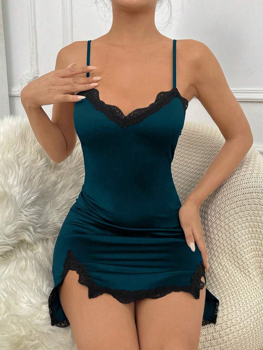 Contrast Lace Split Hem Cami Pajama Nightdress - Teal Blue - View 1