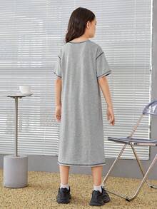 SHEIN 女大童拼接車縫落肩T恤連衣裙 - 淺灰色 - 查看 2