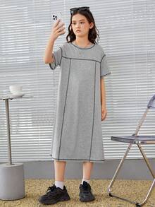 SHEIN 女大童拼接車縫落肩T恤連衣裙 - 淺灰色 - 查看 4