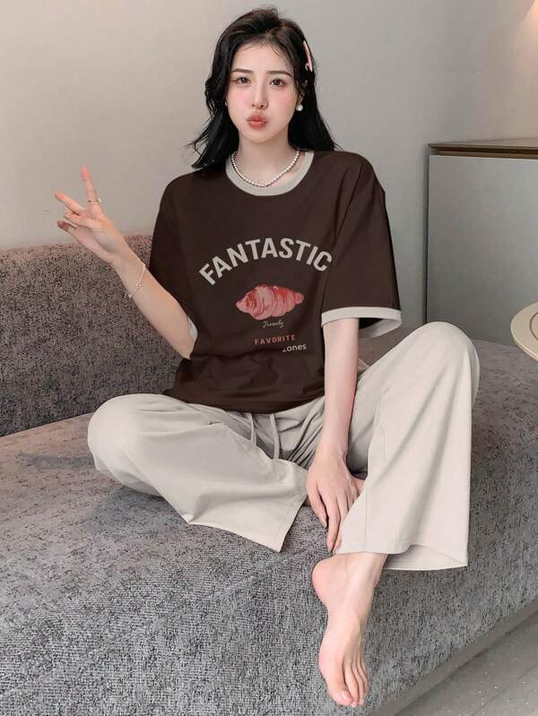 DAZY Letter Graphic Contrast Trim Drop Shoulder Lounge Set