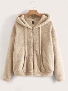 SHEIN LUNE Drop Shoulder Drawstring Hooded Teddy Jacket - Camel - View 1
