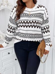 Calvaya 加大码几何图案落肩针织套头衫秋冬毛衣 - 彩色 - 查看 1