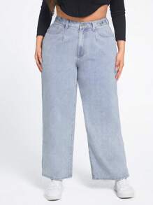 SHEIN EZwear Hơn Chất rắn quần ống rộng Quần jean - Rửa nhẹ - Xem 1