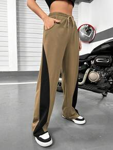 SHEIN Unity Colourblock Drawstring Waist Joggers - Coffee Brown - View 4