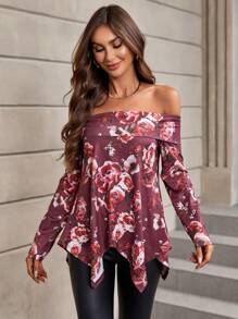SHEIN Clasi In hoa Off Shoulder Viền không đối xứng Áo thun - Nhiều màu - Xem 1
