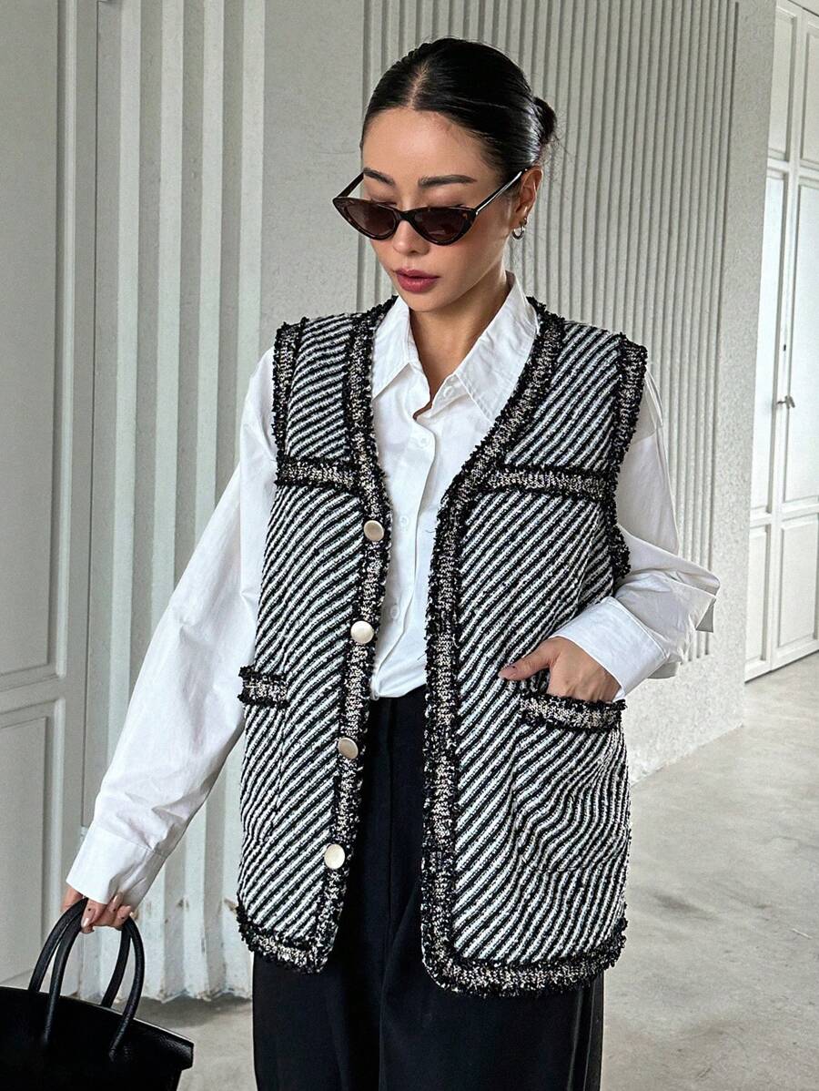 DAZY 条纹印花毛边双口袋背心外套（不含衬衫）女式夹克，秋季女装 - 黑色 - 查看 1