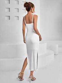 SHEIN Privé Split Thigh Belted Cami Dress - White - View 2