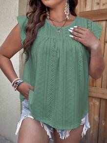 SHEIN LUNE Áo thun Plus size Xù Tranh thêu màu trơn Giải trí - màu xanh lá - Xem 4