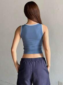 DAZY Letter Graphic Contrast Binding Crop Tank Top - Blue - View 2