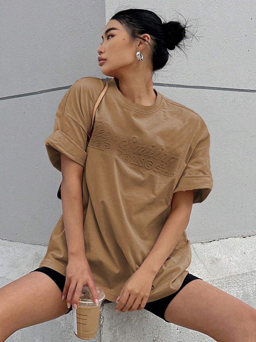 DAZY Camiseta de hombros caídos con estampado de letra - Marrón - Ver 1