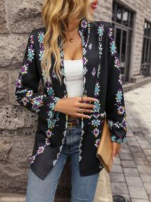 SHEIN LUNE Geo Print Open Front Coat - Black - View 7