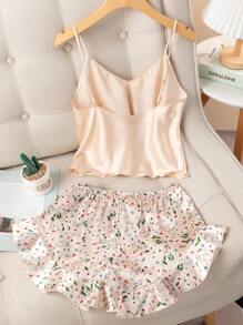 Floral Print Ruffle Hem Satin PJ Set - Apricot - View 2