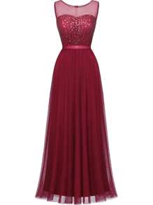Contrast Sequin Mesh Bridesmaid Dress - Burgundy - View 1