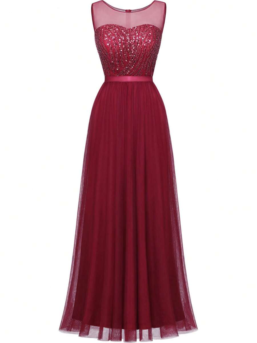 Contrast Sequin Mesh Bridesmaid Dress - Burgundy - View 1