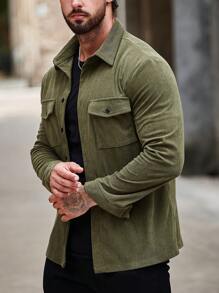 Manfinity Homme Men Flap Pocket Corduroy Shacket - Army Green - View 7