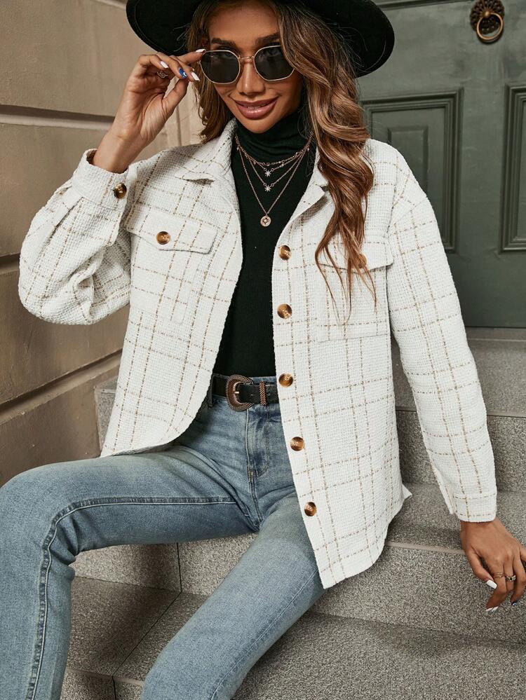 Plaid Flap Pocket Drop Shoulder Tweed Overcoat Fall Cloth For Women