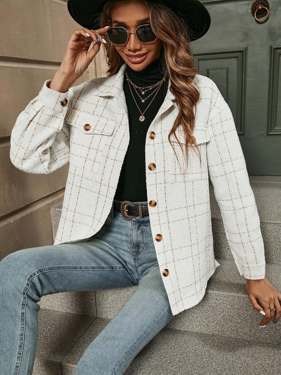 SHEIN LUNE Plaid Flap Pocket Drop Shoulder Tweed Overcoat Fall Cloth For Women - White - View 1