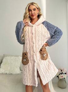 Cartoon Embroidery Raglan Sleeve 3D Ear Design Hooded Sleep Robe - Multicolor - View 6