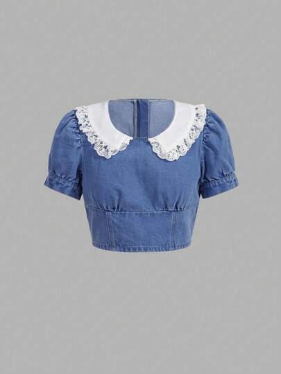 SHEIN MOD 拼接領泡泡袖牛仔上衣