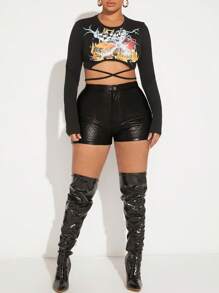 SHEIN SXY Letter & Car Print Crisscross Tie Back Crop Top - Black - View 4