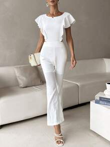 SHEIN Privé Mono unicolor ribete con fruncido pierna amplia - Blanco - Ver 4