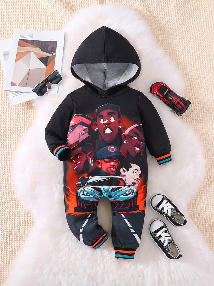 Baby Boy Cartoon Graphic Hooded Jumpsuit