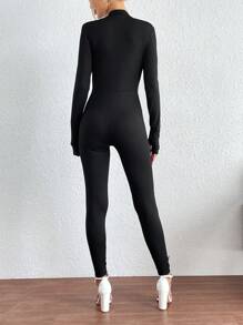 SHEIN Essnce 拉鏈開襟彈力緊身連體褲 - 黑色 - 查看 2